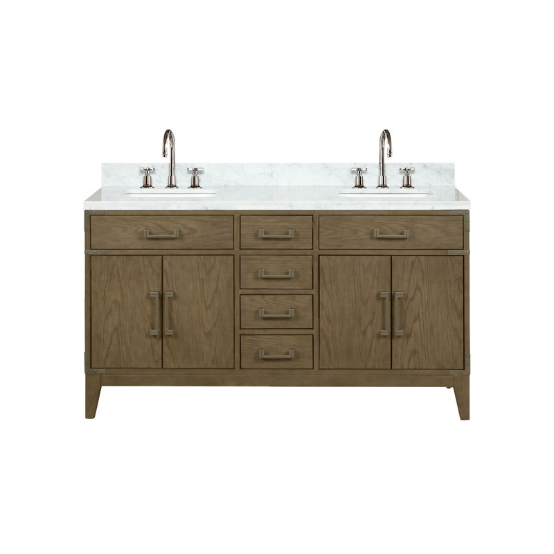 Laurel 60 in W x 22 in D Double Bath Vanity Top & Faucet Set, White Carrara Marble, Gray Oak