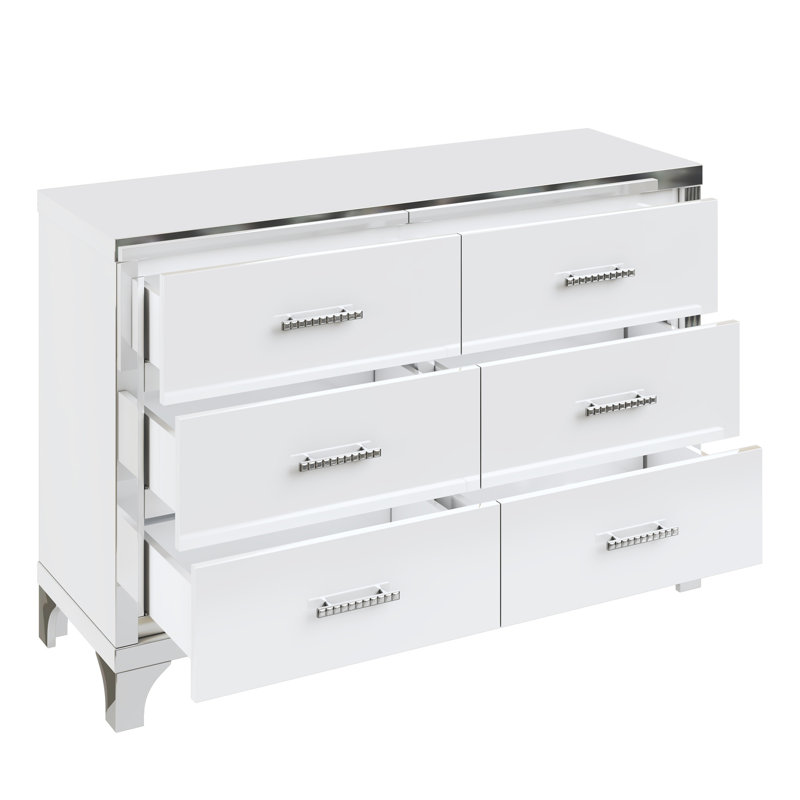 High Gloss 6-Drawer Dresser for Bedroom,  Dresser No Handle, Modern 6 Chest of Drawers with Wide Storage, White