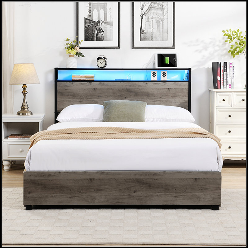 Structure de lit robuste en métal avec tête de lit et station de charge intégrée, parfaite pour les chambres à coucher modernes