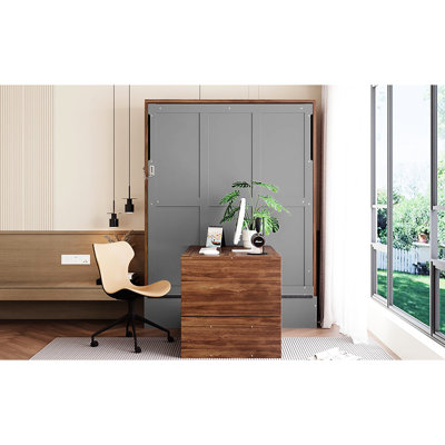 Lit double pleine grandeur avec bureau pliable, esthétique noyer et gris, convient aux bureaux à domicile, support en bois massif dissimulé et couleurs, bureaux idéaux, teinture