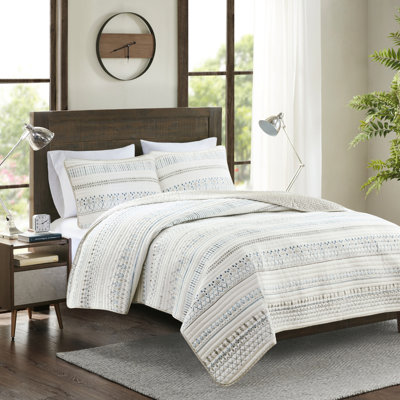 Couette en microfibre douce taupe/bleu, seersucker, literie grande taille/queen, seersucker à imprimé géométrique, taupe/bleu,