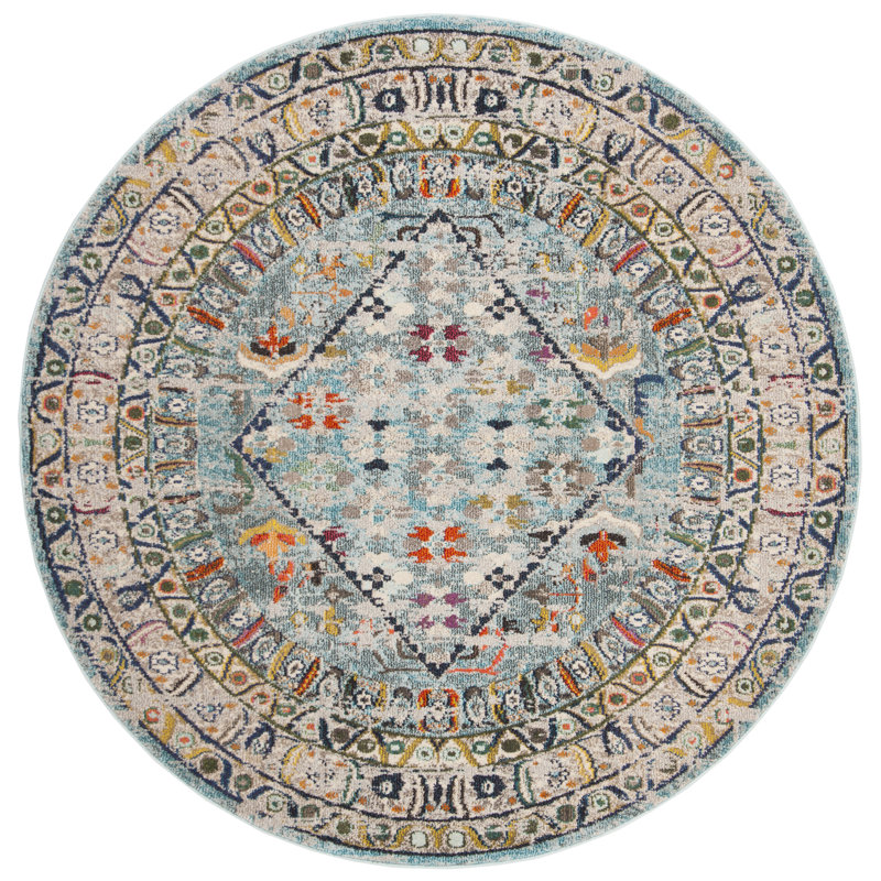 Hertzler Oriental Blue/Light Gray Area Rug, Round 6'7"