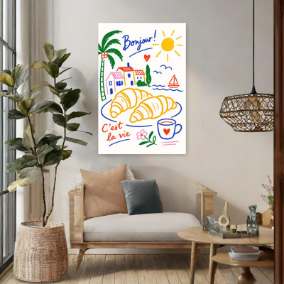 Ensoleillé français petit déjeuner coloré abstrait palmier contemporain art côtier