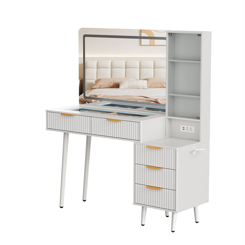 48" Fluted Makeup Vanity Desk with 3-Mode Lights Mirror, Makeup Vanity Glass Top & Power Outlet - Modern Dressing Table for Bedroom