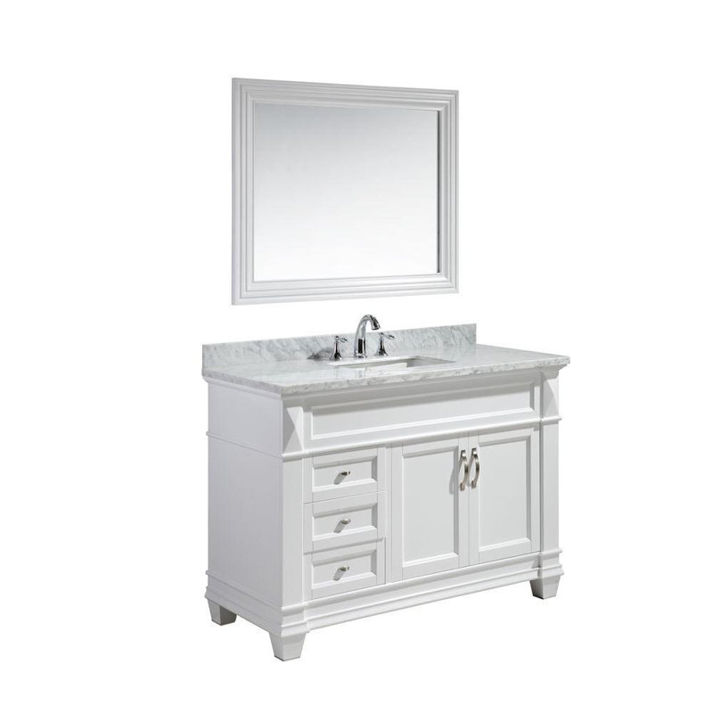 Ensemble de meuble-lavabo de salle de bain simple avec miroir 48 po Carrasquillo, Marbre de Carrare blanc, Blanc
