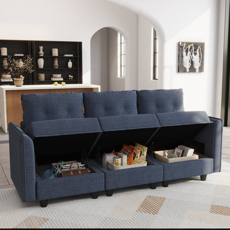 Canapé modulaire 3 places avec repose-pieds avec rangement Tomario, Polyester bleu