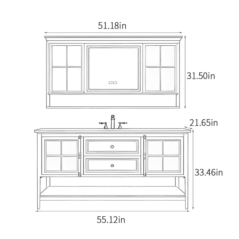 Armoire de salle de bain sur pied de style français, H 33,46 po x l 55,12 po x P 21,65 po, Noir