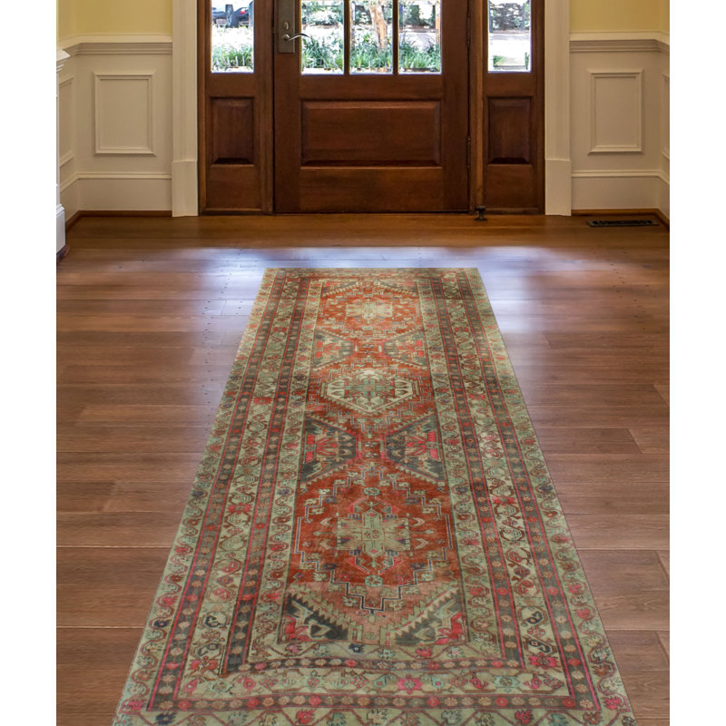 One-of-a-Kind 4'5" x 10'6" 1980s Runner Wool Area Rug in Beige and Red