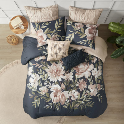 Édredon 8 pièces bleu marine très grand - Shabby Chic 2 taies décoratives, coussins et jupe de lit assortis Lavable à la machine à motif floral grand motif décoratif