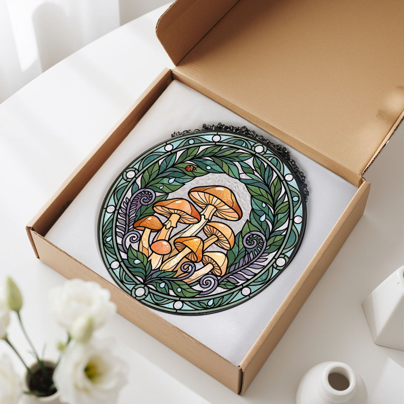 Mushroom Wreath Stained Glass Window Panel,12"H, H 12 po