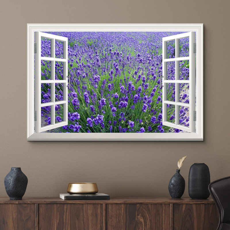 Fenêtre, paysage, lavande mauve, champ dans une fenêtre ouverte, impression sur toile tendue, H 12 po x l 18 po