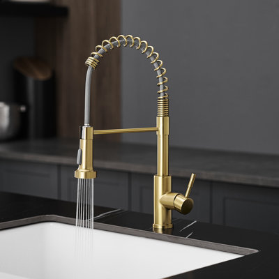 Modern Brushed Gold Kitchen Faucet With Pull Down , Ceramic Filler, Stainless Steel Construction Classic Out Spray, Steel, Single Handle, Hose Flexibility