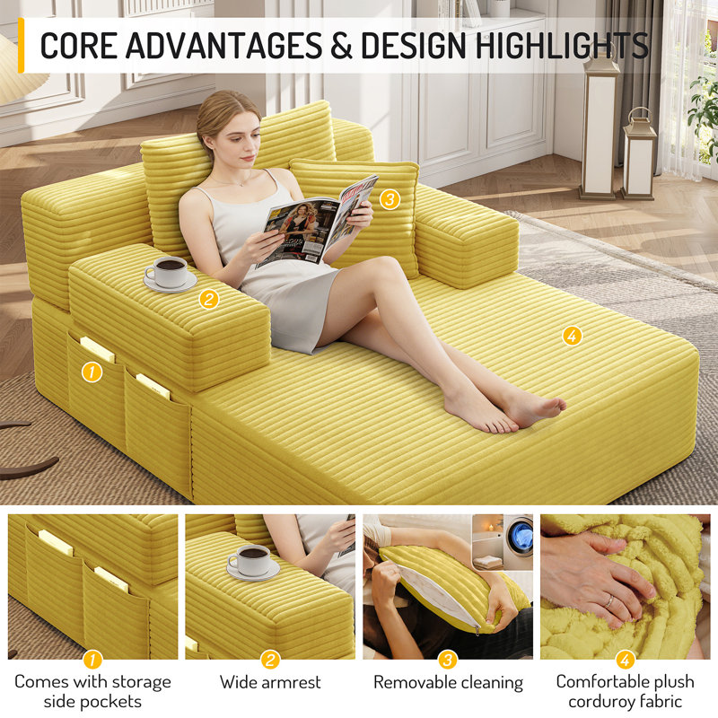 Chaise longue en velours côtelé luxueux avec 3 coussins, Yellow Fabric