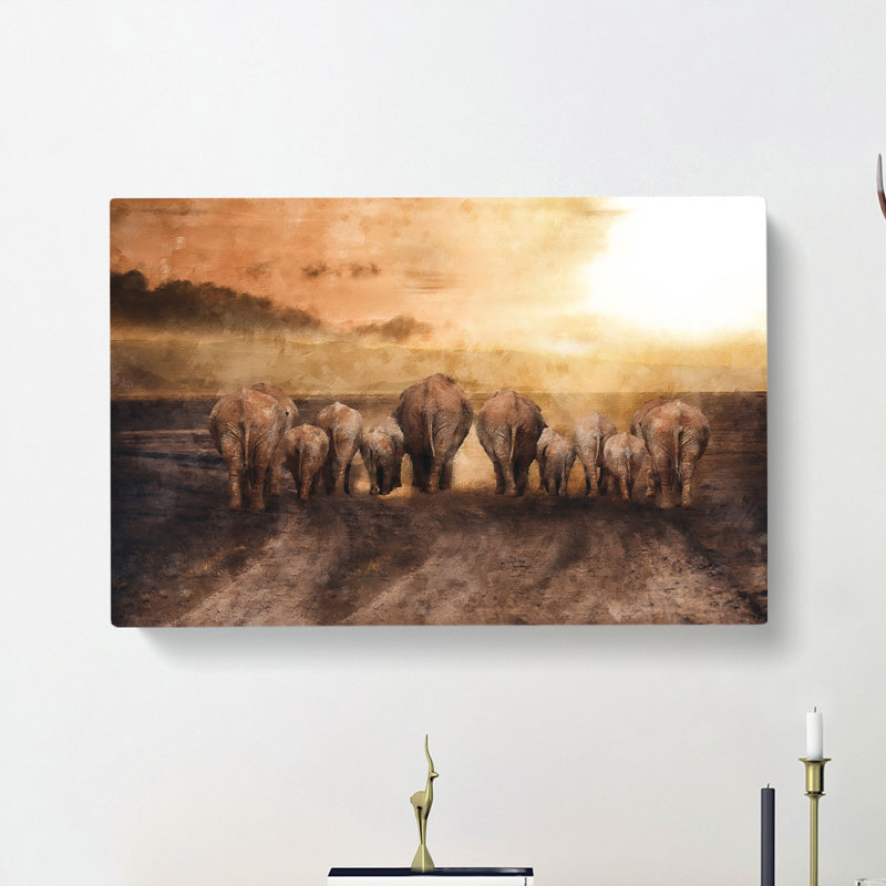 Herd Of Elephants On A Dusty Road - Wrapped Canvas Print, 40cm H x 60cm W x 3cm D