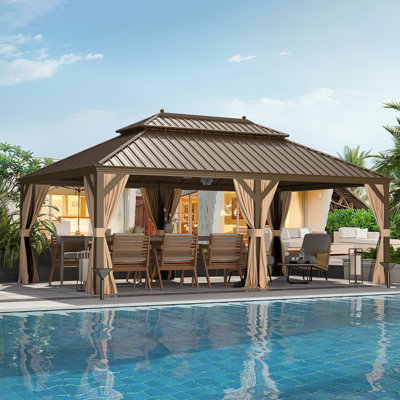 Hardtop Gazebo, Outdoor Gazebo With Double Roof, Patio Gazebo & Outdoor Pergola Canopy With Netting And Curtains, Permanent Pavilion
