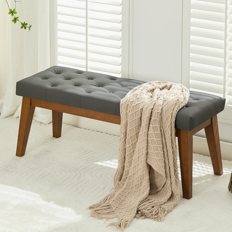 Banc rembourré en similicuir de 43,3 po avec pieds en bois massif, Gris foncé