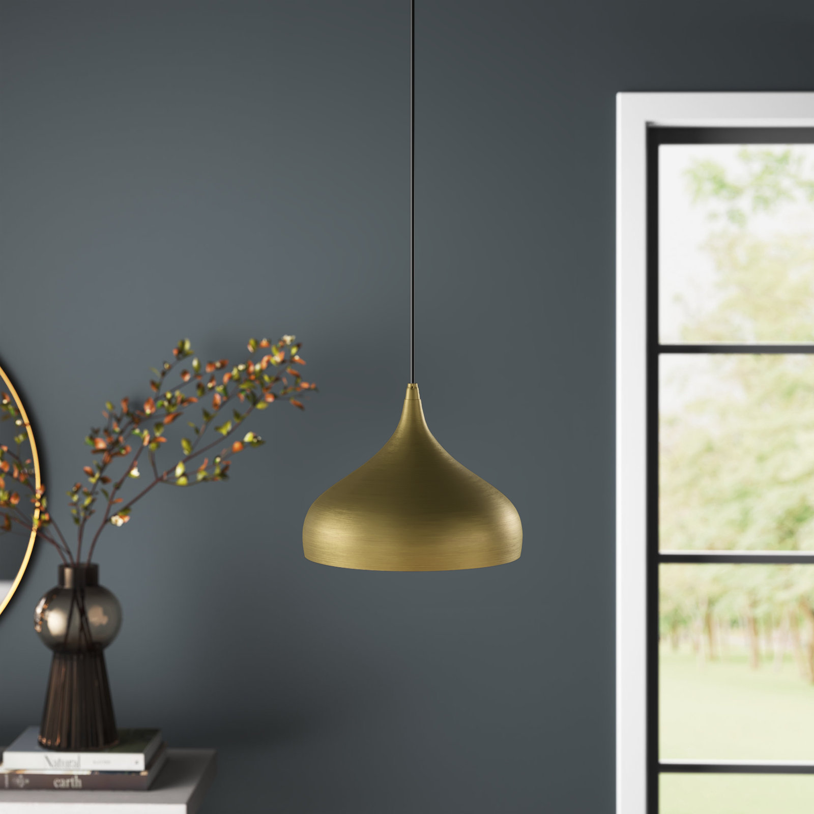 Marselia Single Light Metal Dimmable Plug-in Pendant, Natural Brass