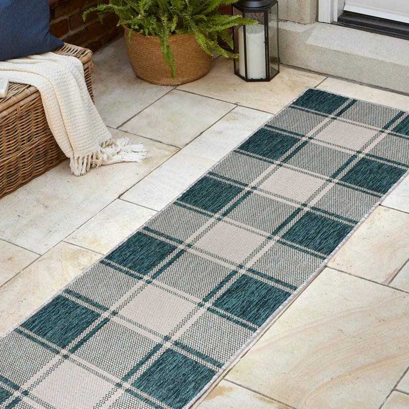 Sabine Traditional Farmhouse Bold Gingham Turquoise/Cream Indoor/Outdoor Rug, Runner 2' x 7'10"