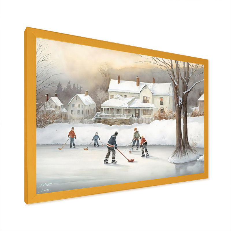 Enfants jouant au hockey en hiver III - peinture sur toile, Cadre doré simple, H 16 po x l 32 po x P 1 po