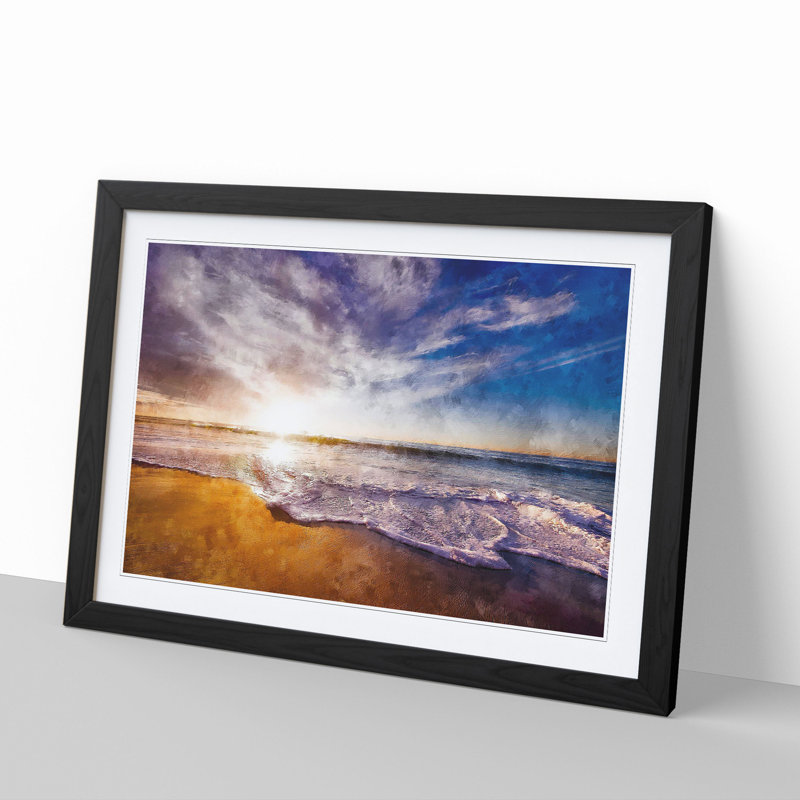 Sunset over a Californian Beach - Picture Frame Painting, 36cm H x 48cm W x 2cm D, Black Framed
