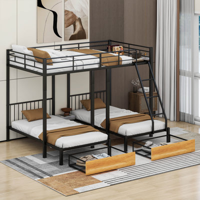 Full Over Twin & Twin Bunk Bed, Metal Triple Bunk Bed With Drawers And Guardrails by Cosmic