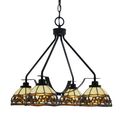 Odyssey Downlight 4 Light Chandelier Shown In Matte Black Finish With 7" Roman Jewel Art Glass