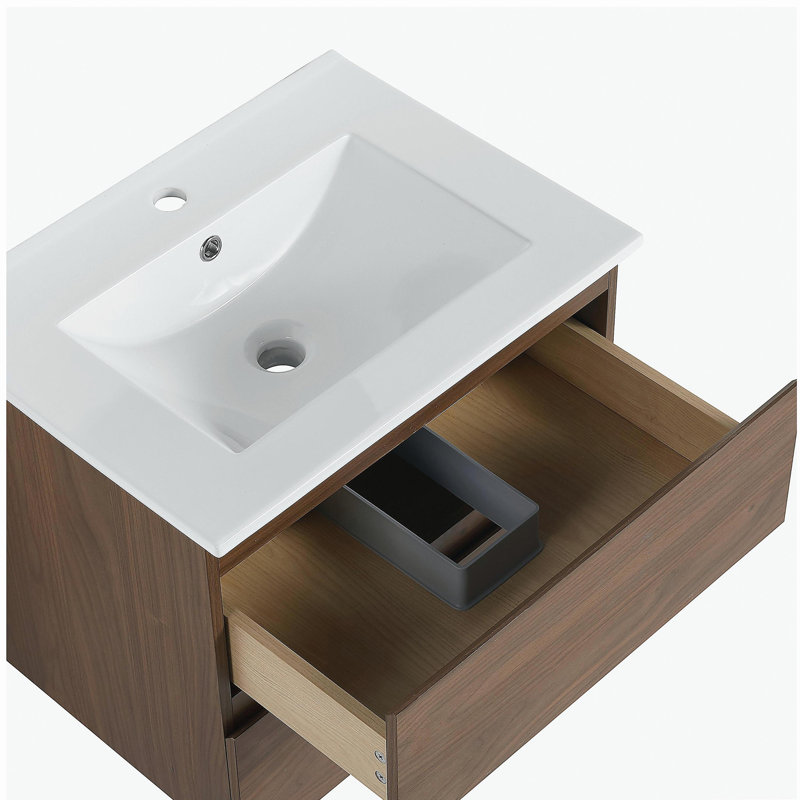Meuble-lavabo mural 24 po avec lavabo en céramique 2 tiroirs, Chêne brun, 24"