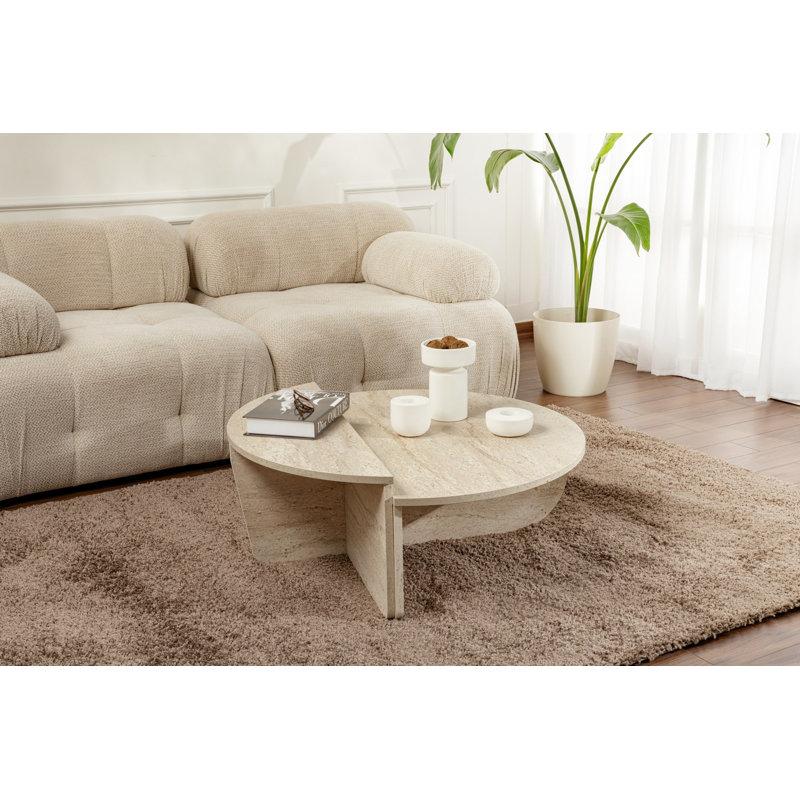 Coffee Table Set (2 Pieces), Travertine Beige, 90 x 30 x 60 cm & 85 x 35 x 30 cm, 100% Melamine Coated Particle Board, Thickness: 0 cm, Modern Marble Design