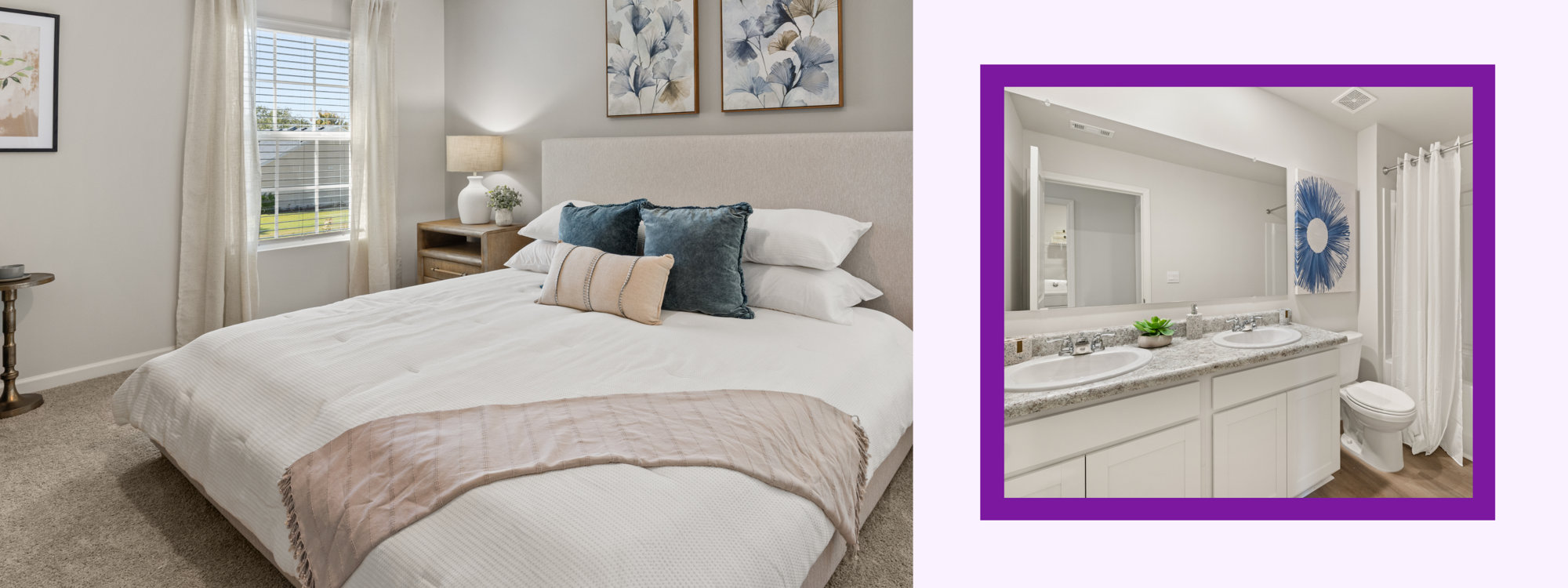 A modern bedroom with neutral decor.