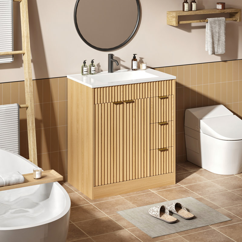 Meuble-lavabo simple en bois avec tiroirs Adonia, 30", Beige