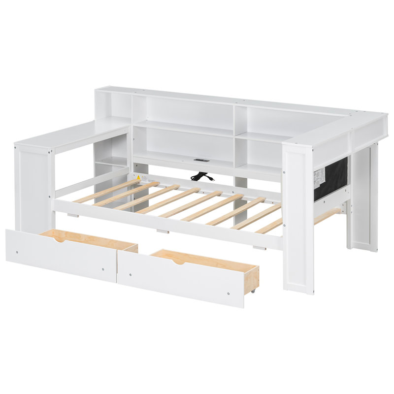 Lit plateforme avec tablettes de rangement, Beige / Blanc, Lit simple