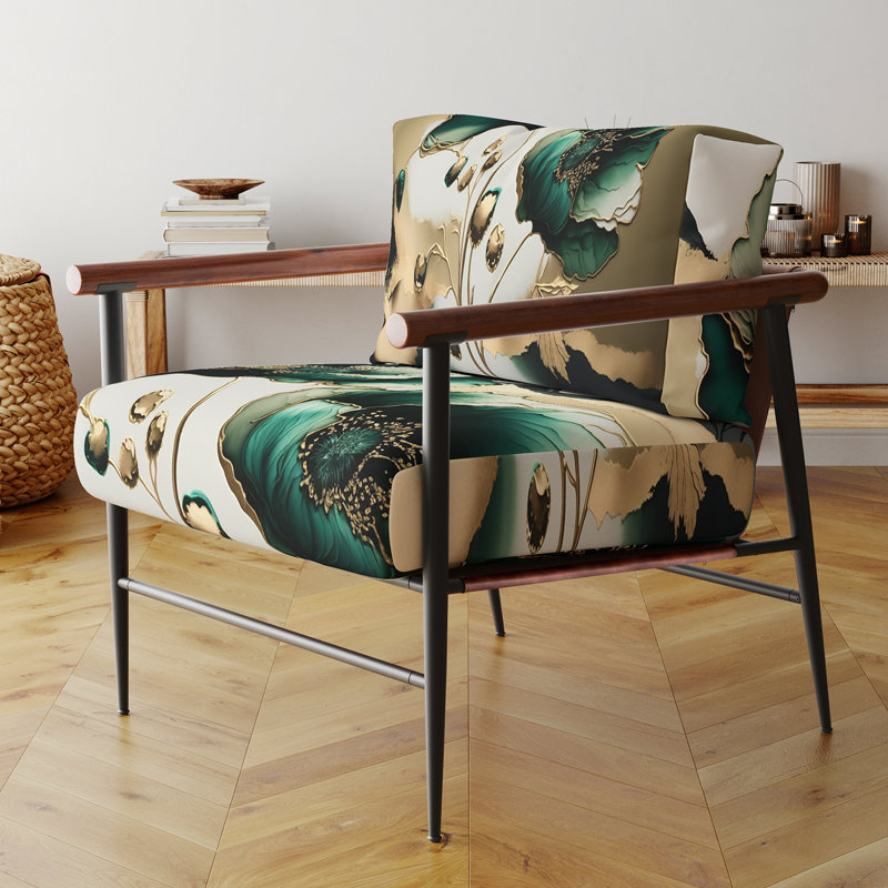 Gold And Green Poppy Floral Euphoria I - Velvet Upholstered Farmhouse Arm Chair, Poppy Floral Accent Chair, Black