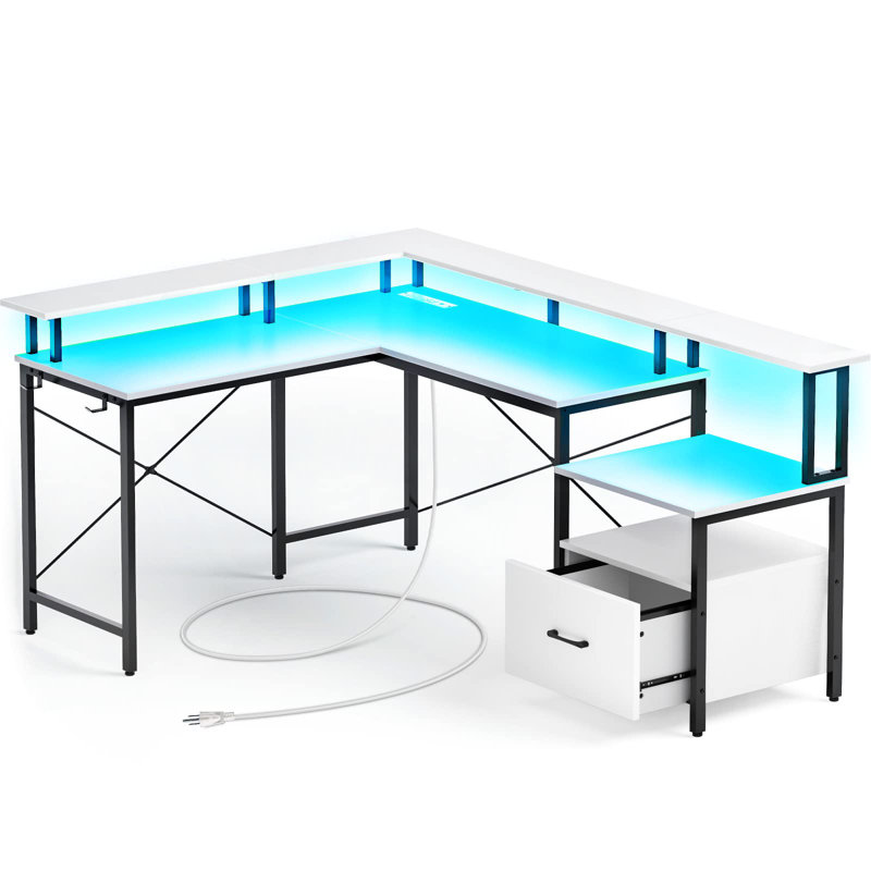 Bureau en L avec prises intégrées, Blanc / noir