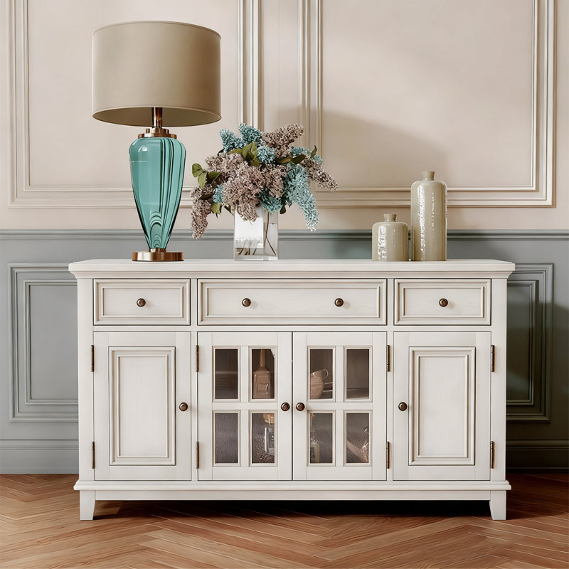 American-Style Solid Wood & Glass White Sideboard