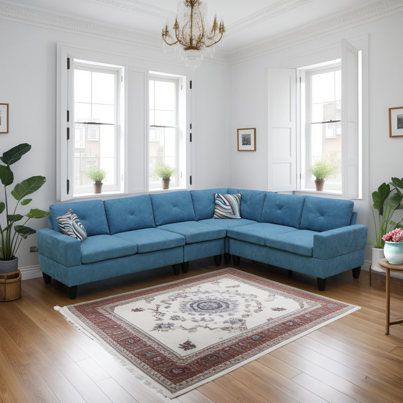 Caelean Upholstered L-Shaped Sectional Reversible, Lake Blue Linen Blend, Black