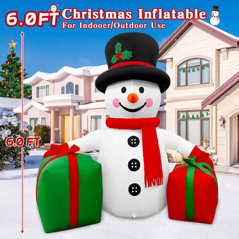 Bonhomme de neige gonflable de Noël de 6 pi tenant des cadeaux avec lumières DEL intégrées