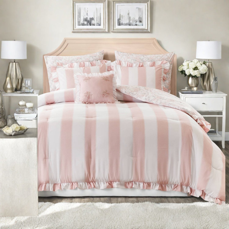 Ensemble de literie pour grand lit rose, ensemble d'édredon en microfibre à volants