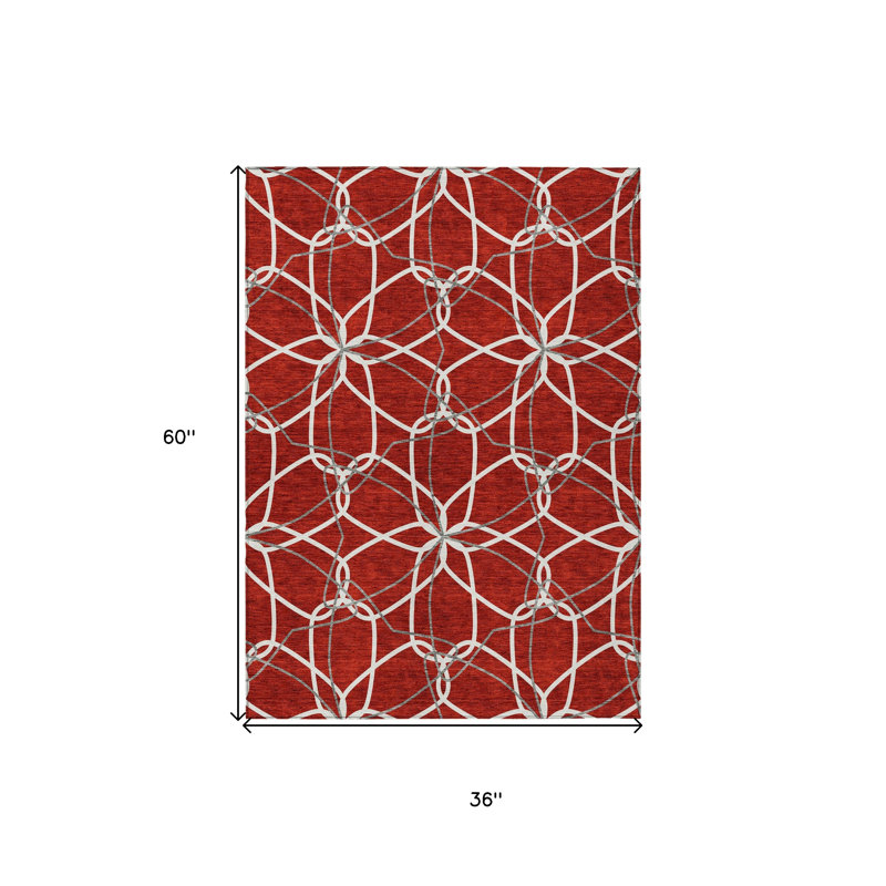 3' X 5' Red And Ivory Geometric Washable Indoor Outdoor Area Rug