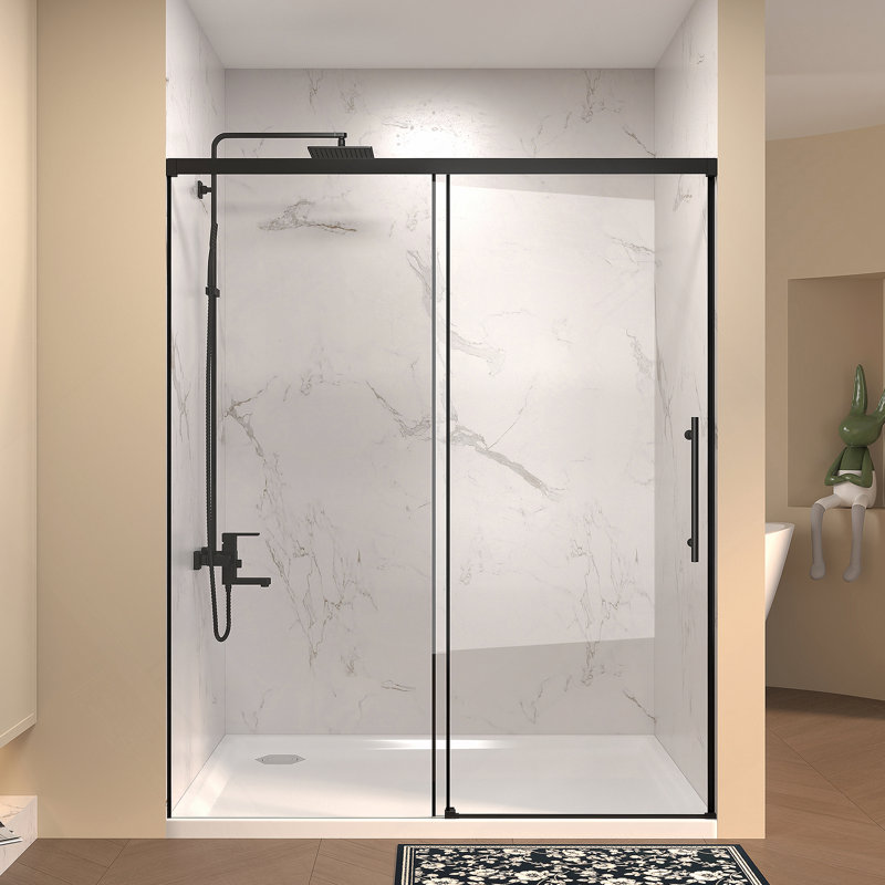 48" W × 72" H Single Sliding Shower Door,5Mm Fixed Glass And 6Mm Sliding Glass Frameless , Clear Tempered Glass, Stainless Steel Handle