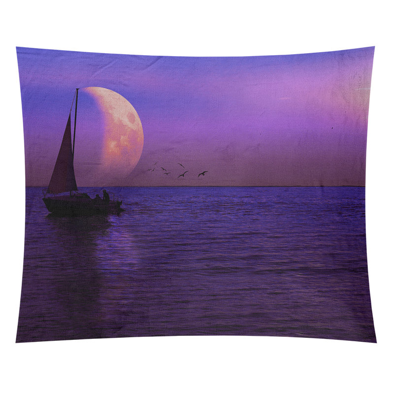 Tapisserie lune et voilier, H 91 po x l 107,5 po, Intérieur / extérieur