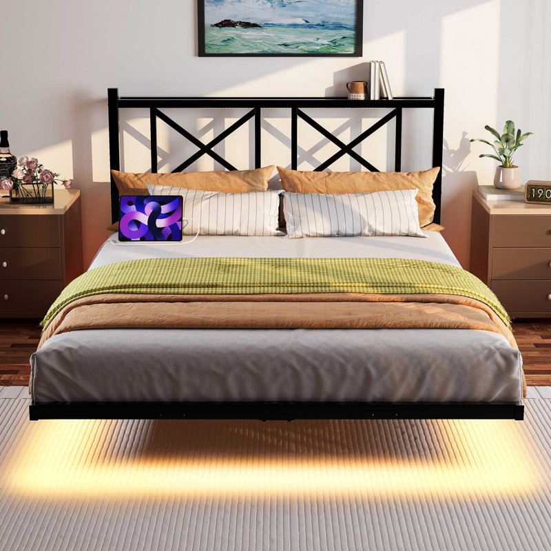Base de lit flottante avec tête de lit et rangement, base de lit plateforme avec station de charge USB et lumières DEL, lattes en acier robustes, assemblage facile