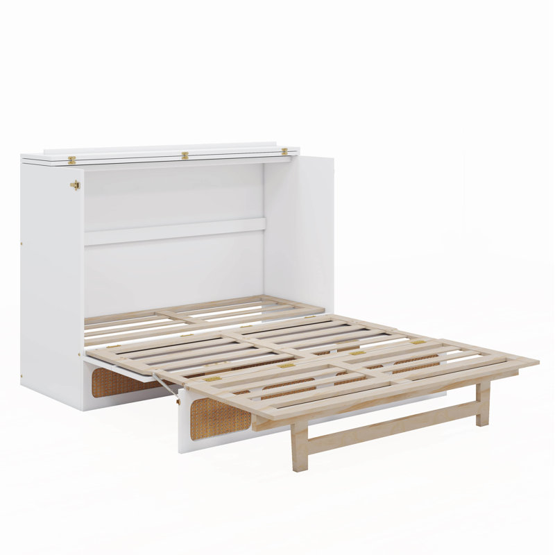 Lit escamotable en bois massif avec grand tiroir et armoire escamotable dissimulée avec station de charge USB, Double, Blanc