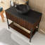 Meuble-lavabo autoportant de 36 po avec cuve en céramique noire pré-assemblée et motif pierre avec plateau en noyer foncé grain de bois