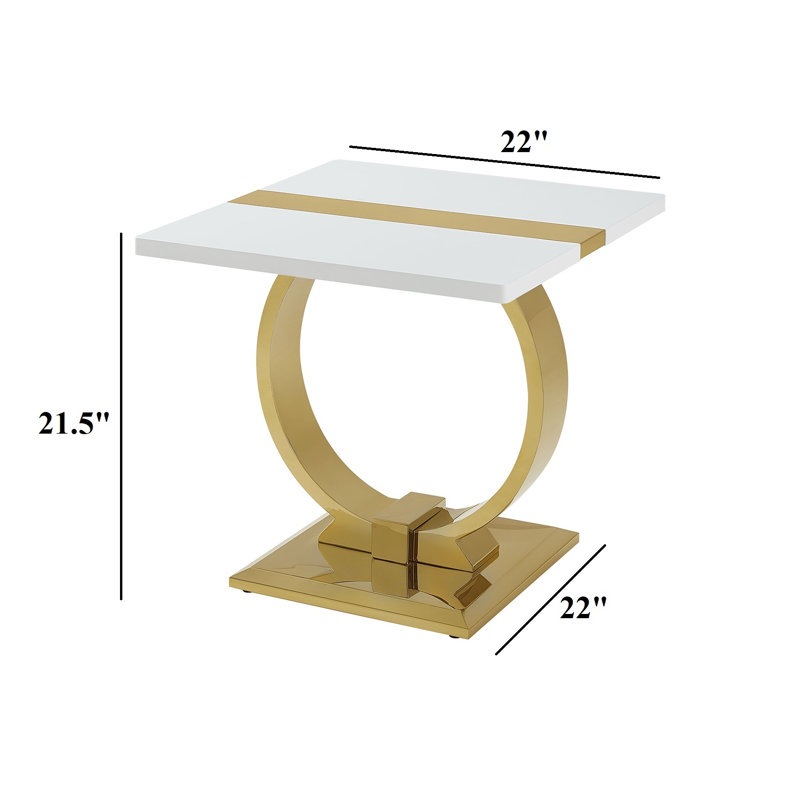 Table d'appoint contemporaine dorée et blanche avec piètement à tréteaux en forme de O et plateau carré