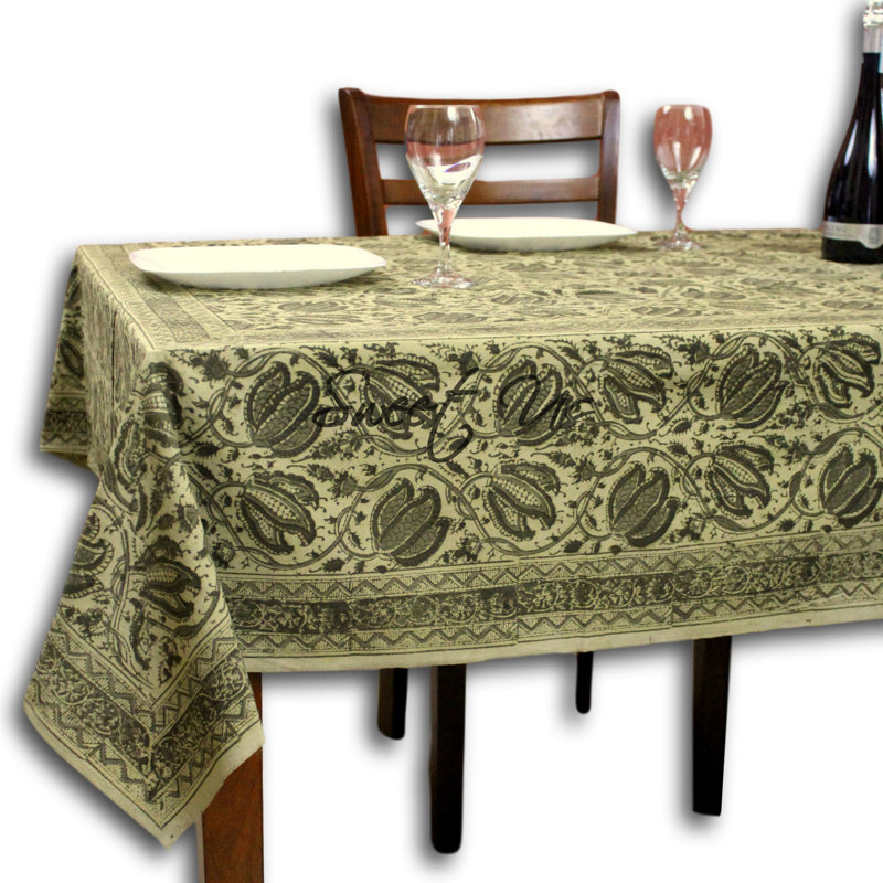 Cotton Vegetable Dye Hand Block Print Floral Tablecloth Rectangle, 104" L x 88" W Rectangle, Green