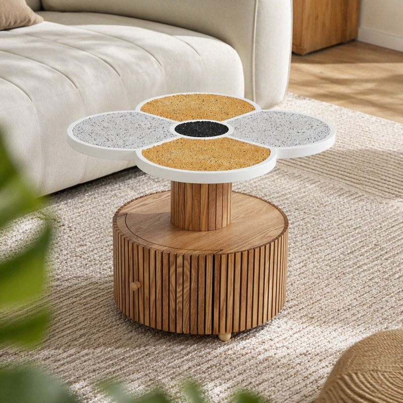 Table d'appoint unique à trèfle à quatre feuilles pour le salon, la chambre à coucher et les petits espaces - Table d'appoint avec base en grain de bois avec fonction de rangement