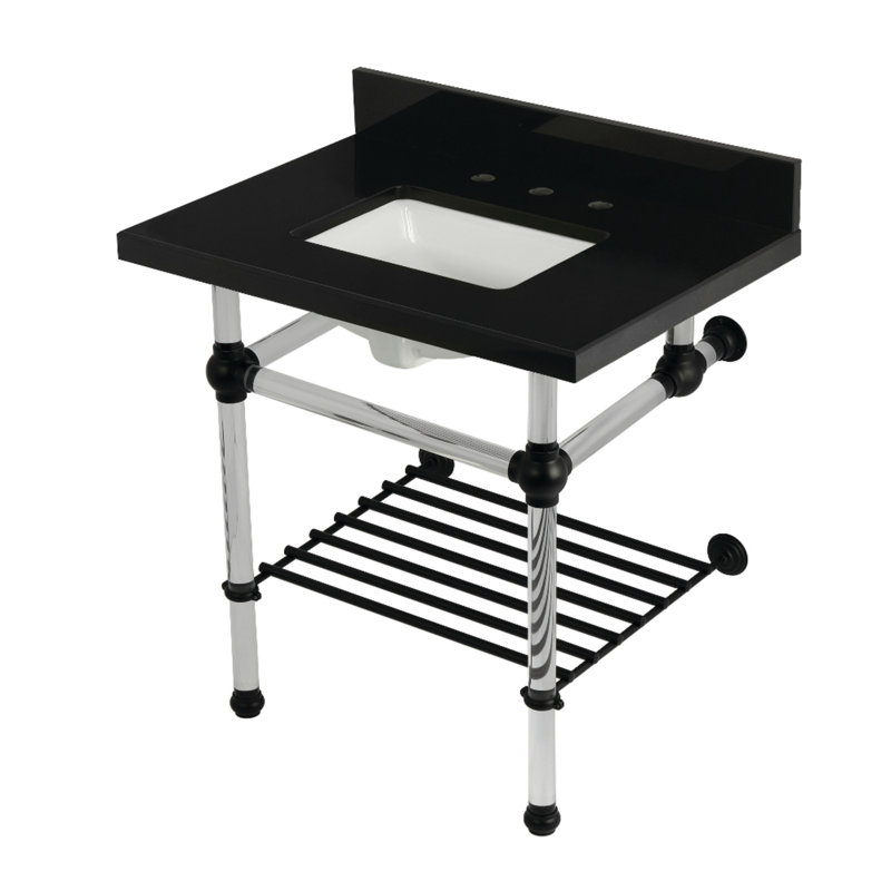 Kingston Brass Templeton 30-Inch Black Granite Console Sink with Acrylic Legs and Shelf (8-Inch, 3-Hole), Matte Black