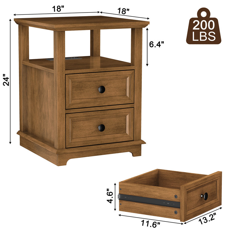 Bijal 24'' tall Tray Top Frame 2 - Drawer End Table and Built-In Outlets, Chestnut Brown