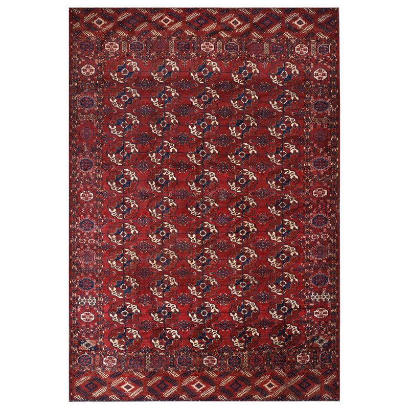 Red Antique Turkman Tekke Tribal Geometric Bokhara Design Rug