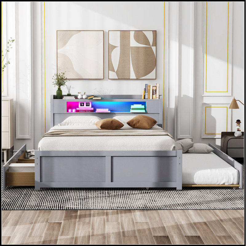 Lit plateforme avec rangement en bois avec DEL, 2 tiroirs et 1 lit gigogne pour les chambres modernes et fonctionnelles, Gris